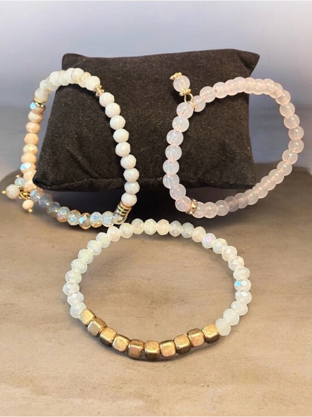 Plunder Stackable Lavender and White Beaded Bracelet Set with Gold Accents